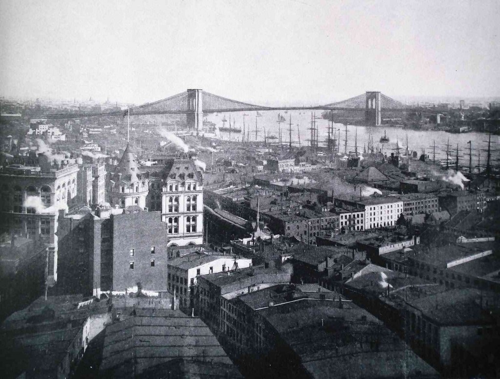 Le pont et le quartier industriel de Brooklyn dans les années 1890 (anonyme) (http://thethingsienjoy.blogspot.fr/2012/06/ports-in-late-1890s.html)